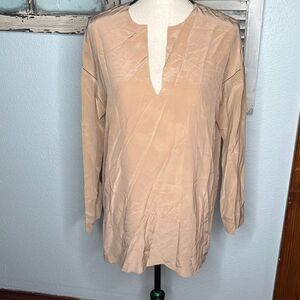 Vince Silk Blouse Light Brown Deep V Neck Long Sleeve Side Slit Tops Women's Siz